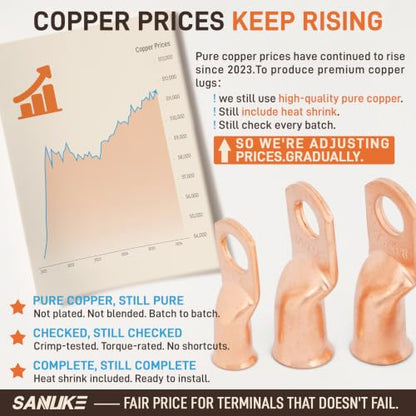 Sanuke 6pcs 8 AWG-5/16 Battery Cable Lugs, Copper Wire Ring Terminals - color: Bare Copper, size: 8 Awg - 5/16" (M8)