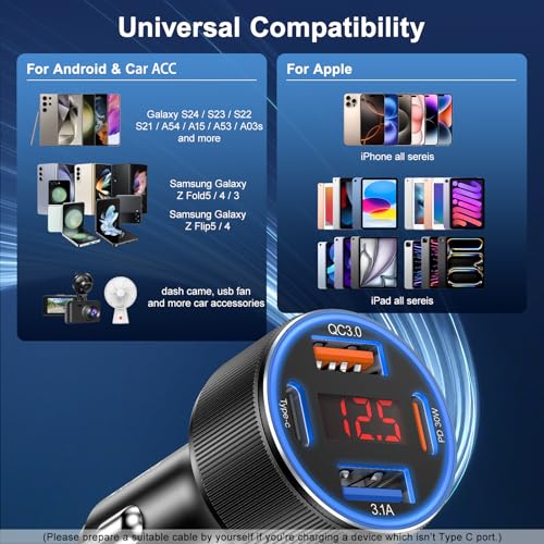 Car Charger for iPhone 17 16 15 Pro Max, Besgoods 4-Port Cigarette Lighter Adapter USB C & USB A Car Phone Charger Fast Charging Voltmeter for Galaxy S25 S24 S23 A15 A54 Android, 6ft USB C to C Cable - color: black charger+black cable