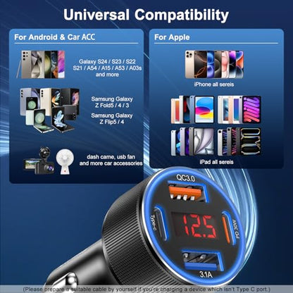 Car Charger for iPhone 17 16 15 Pro Max, Besgoods 4-Port Cigarette Lighter Adapter USB C & USB A Car Phone Charger Fast Charging Voltmeter for Galaxy S25 S24 S23 A15 A54 Android, 6ft USB C to C Cable - color: black charger+black cable