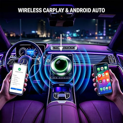 UFO-Shaped Wireless CarPlay Adapter, Plug-and-Play converts Original Wired CarPlay to Wireless. Compatible with iPhone and Android Phones, Equipped with Cool Light Strip, Stable and Durable.