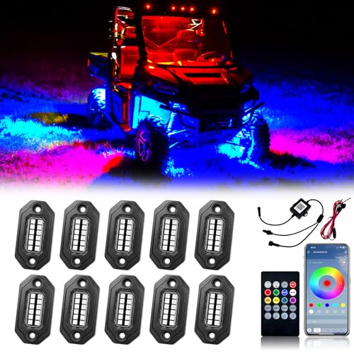 10 Pods RGB LED Rock Lights w/Bluetooth APP& Remote Control, Aluminum Housing, IP68 Waterproof for Boat Trucks Jeep UTV SUV ATV Golf Cart - size: 10 Pods