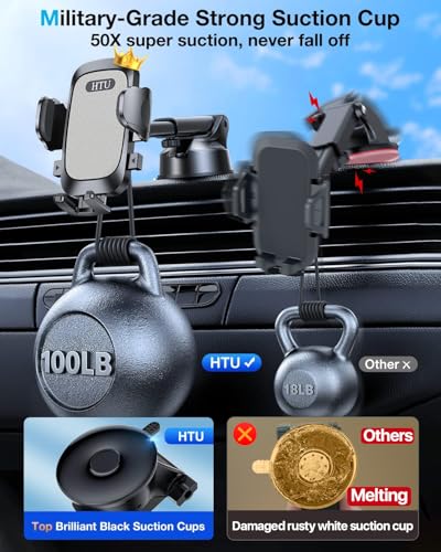 HTU Car Phone Holder【2026 Upgraded 100+LBS Suction & Safety Cert】 Cell Phone Car Mount for Truck Heavy Duty Phone Holder for Dashboard/Windshield/Vent for iPhone 17 16 Pro Max, Grey - color: Grey