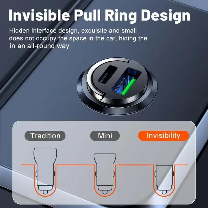 66W Car Fast Charger Dual USB-A USB-C Mini Metal Ring Design Stable Power Protection for Smartphones GPS Tachographs, Black