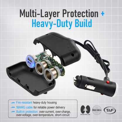 Cliff Top Car Cigarette Lighter Splitter, Dual Socket USB-C PD QC3.0 Switch
