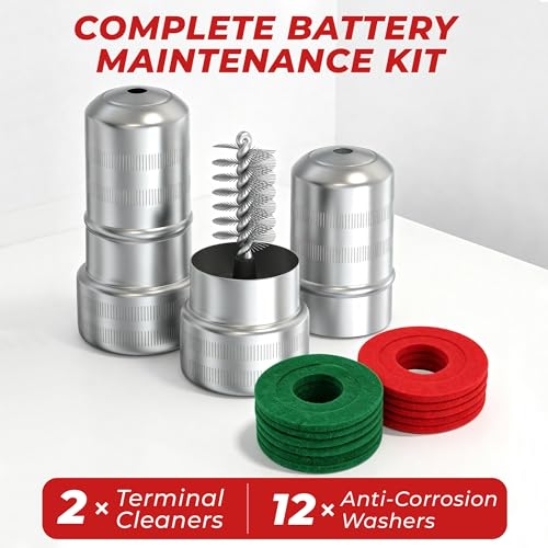 LotFancy Battery Terminal Cleaners (2 pcs), Plus 12 pcs Battery Terminal Anti-Corrosion Fiber Washers (6 Red & 6 Green) for Car Marine RV