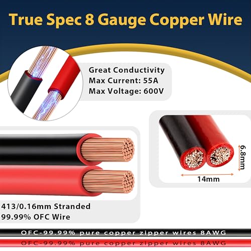 8 Gauge 2 Conductor Copper Electrical Wire 30 FT Red & Black, OFC Zipper Parallel Battery Cable, Waterproof Extension Replacement for Automotive Car Audio Marine Boat Solar RV Trailer Speaker DIY - size: 30FT, style: 8 AWG