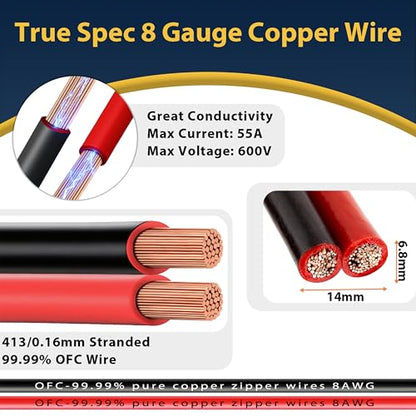 8 Gauge 2 Conductor Copper Electrical Wire 25 FT Red & Black, OFC Zipper Parallel Battery Cable, Waterproof Extension Replacement for Automotive Car Audio Marine Boat Solar RV Trailer Speaker DIY - size: 25FT, style: 8 AWG