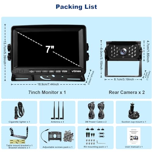 VTimes Wireless Backup 2 Camera for Trucks RV Backup Camera with HD Monitor - color: 7 inch - 2 Cameras