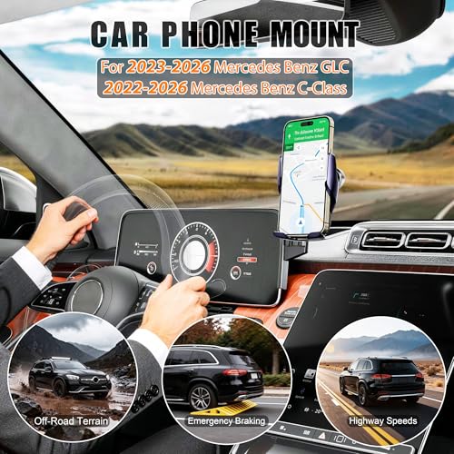Car Phone Mount for 2023-2026 Mercedes Benz GLC / 2022-2026 C-Class, Smart Auto-Clamping on 12.3" Instrument Cluster Screen, 15W Wireless Fast Charging, 360° Adjustable, Without Blocking Airflow - size: for Mercedes Benz GLC | 2023-2026