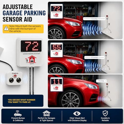 Garage Parking Assistant with Parking Aid Sensor - New Model - Free 1 Year Replacement Warranty - Parking Stopper for Garage – No Laser Parking
