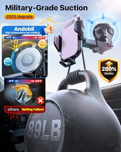 andobil Car Phone Holder, 2026 Military-Grade 89bs Strongest Suction Phone Holders for Your Car Dashboard/Windshield/Vent Easy Clamp Cellphone Holder Truck Stand for iPhone 17 16 15 Pro Max, Purple - color: Purple