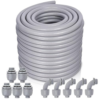 Liquid-Tight Conduit and Connector Kit - 1/2 Inch 100 FT Non Metallic Liquid Tight Electrical Conduit with 5 Straight and 5 Angle Fittings - size: 1/2inch 100 Ft