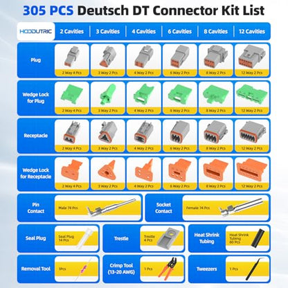 305PCS Deutsch Connector Kit, Hoodutric IP67 Waterproof Electrical Plugs DT 2/3/4/6/8/12 Pin Connectors with 74 Pairs Size 16 Stamped Contacts, Crimper & Terminal Removal Tool for Car Truck Boat