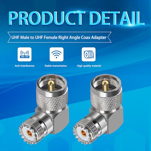 2PCS UHF PL259 Right Angle 90 Degree Coax Adapter, SO239 Male PL259 to Female Right Elbow Coaxial Connector Adapter, UHF Male to SO239 Female L Shape Coax Connector for CB Radio, Antenna, etc