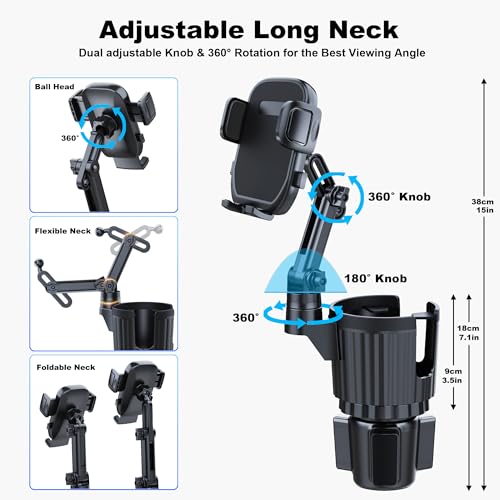 Cup Holder Phone Mount, 2 in 1 Universal Cup Holder Expander with Long Arm 360°Rotation Cup Phone Holder for Car Fits All 4-7” iPhone Galaxy Smartphones and Most Truck Bottles