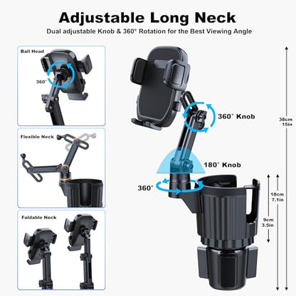Cup Holder Phone Mount, 2 in 1 Universal Cup Holder Expander with Long Arm 360°Rotation Cup Phone Holder for Car Fits All 4-7” iPhone Galaxy Smartphones and Most Truck Bottles
