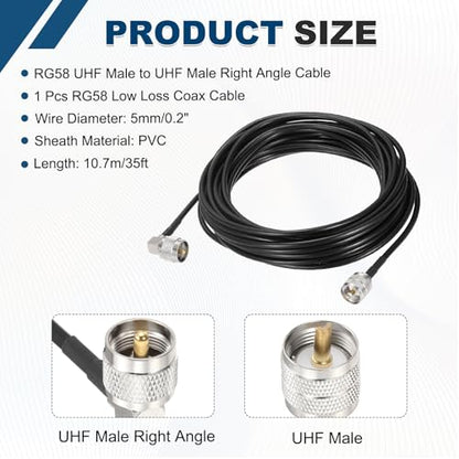 MECCANIXITY Black RG58 CB Coax Cable 35ft, 50 Ohm Low Loss UHF Male to UHF Male Right Angle Extension Jumper Cable for HAM Radio, Antenna Analyzer, HF Radio, and Communication Devices - size: 35ft