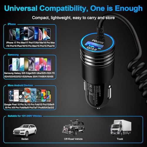 for iPhone 17e/17/16/15 Car Charger,48W PD+QC USB C Fast Car Charger - style: Coiled Cable