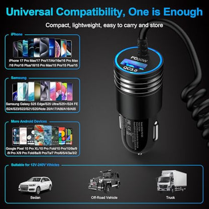 for iPhone 17e/17/16/15 Car Charger,48W PD+QC USB C Fast Car Charger - style: Coiled Cable