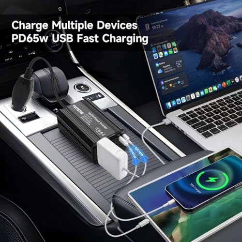 400W Power Inverter, FSATBTNE DC 12V to 110V AC Car Plug Adapter Outlet Converter with [65W PD USB-C] & [18W QC USB-A] Fast Charging Ports and 2 AC Outlets Car Power Inverters for Vehicles Black - color: Black