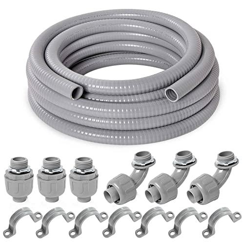 (3/4" Dia * 25 Feet) Yariwiz Flexible Electrical Conduit Liquid Tight PVC Conduit Kit with 3 PCS Coupling, 3 PCS Elbow and 7 PCS Strap, Sealtight Seal Flex Liquidtight Wire Outdoor Non Metallic Grey - style: 3/4"-25ft Kit-Grey