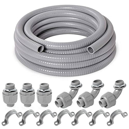 (3/4" Dia * 25 Feet) Yariwiz Flexible Electrical Conduit Liquid Tight PVC Conduit Kit with 3 PCS Coupling, 3 PCS Elbow and 7 PCS Strap, Sealtight Seal Flex Liquidtight Wire Outdoor Non Metallic Grey - style: 3/4"-25ft Kit-Grey