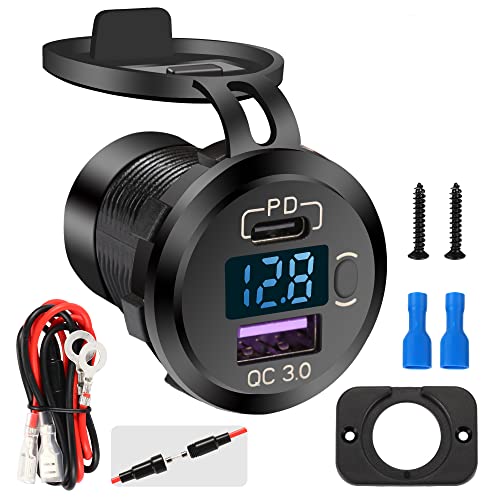 Quick Charge 3.0 Dual USB Car Charger Socket with LED Voltmeter and ON Off Switch Fused Wire Kit 12V/24V PD QC3.0 Fast Charge USB Outlet for Car Boat Marine RV Truck Golf