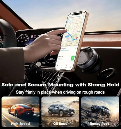 Magnetic Car Phone Holder Vacuum Adsorption Suitable for iPhone and Android Phones 360° Adjustable Suction Cup Bracket for Automobiles[98+LBS Strongest Suction & 2800gf Magnetic]