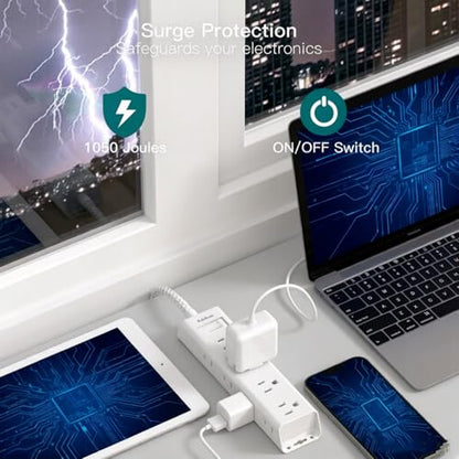 White Braided Power Strip Surge Protector with 12 Outlets - color: White&Gray, size: 5 Ft