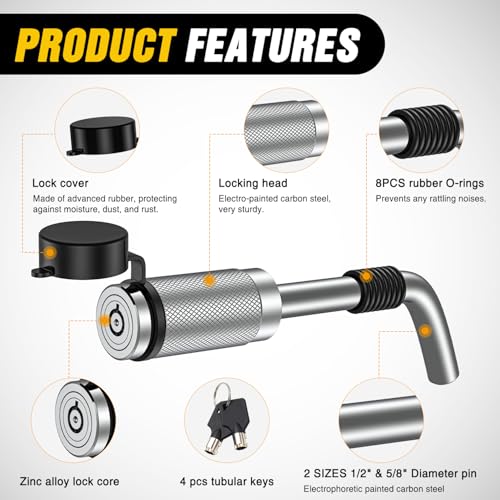 Nilight 1/2" & 5/8" Anti-Theft Lockable Trailer Hitch Lock Pin | Keyed Unique Weatherproof Anti-Theft Lockable Fits 2" 2-1/2" & 1-1/4"Receiver Tow Truck Boat Bike Truck Silver - color: Hitch Lock Pin 1/2" & 5/8" Silver