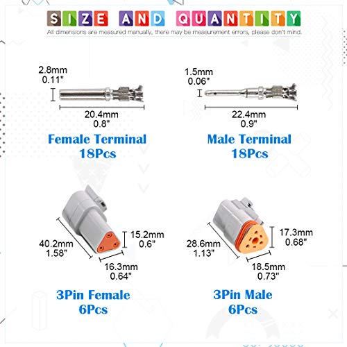 Glarks 42Pcs 3 Pin Way Sealed Gray Male and Female Auto Waterproof Electrical Wire Connector Plug 22-16AWG Connector for Motorcycle, Scooter, Car, Truck, Boats - size: 3 Pin