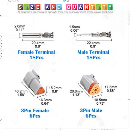 Glarks 42Pcs 3 Pin Way Sealed Gray Male and Female Auto Waterproof Electrical Wire Connector Plug 22-16AWG Connector for Motorcycle, Scooter, Car, Truck, Boats - size: 3 Pin