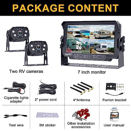 AMTIFO Wireless RV Backup Camera System - 2 HD 1080P Cameras with 7" Split-Screen Monitor,Compatible with Furrion Pre-Wired RVs,Loop Recording,Night Vision,Easy Install for Trailers Campers Trucks - size: 7 Inch - 2 Cameras