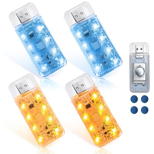 4 PCS Car LED Lights, USB Plug-in Rechargeable 8 High-Brightness LED Beads, Portable Mini Touch Control Dimmable Night Light for Car/Bedroom/Party/Holiday Decoration (2 Amber & 2 Ice-Blue) - color: 2 Ice-Blue&2 Amber