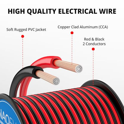 NAOEVO 20 Gauge Wire 2 Conductors, CCA Red Black Electrical Wire, 100FT - size: 100ft, style: 20AWG