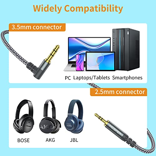 3.5mm to 2.5mm Aux Audio Cable (6.6FT), 90 Degree Right Cord Compatible with Bose 700 QuietComfort QC45 QC35II QC35 QC25 Noise Cancelling Headphones, JBL E45BT E55BT E65BTNC Bluetooth Earphone(Grey) - size: 1-Pack