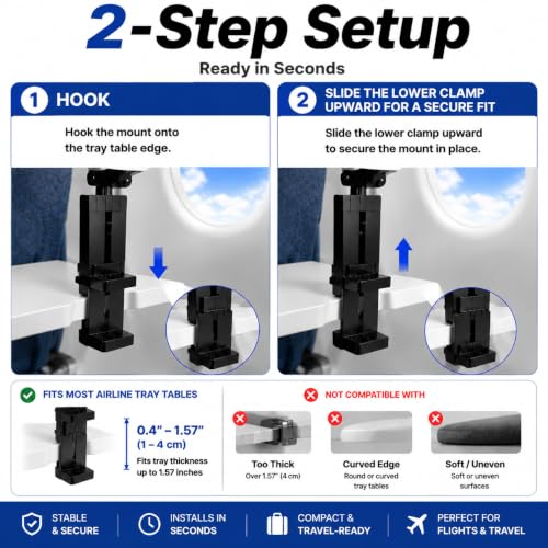 Airplane Tablet Holder Mount for iPad & Kindle, Hands-Free Travel Tablet Stand for Plane Seat Back, Adjustable iPad Holder for Flight, Compatible with 5.9"-9.8" Tablets