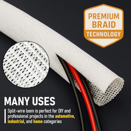 MGI SpeedWare Braided Split-Sleeve White Wire Loom for High-Temperature Automotive Harness and Home Cable Management 10 feet (3/4") - color: White, size: 3/4" - 10ft