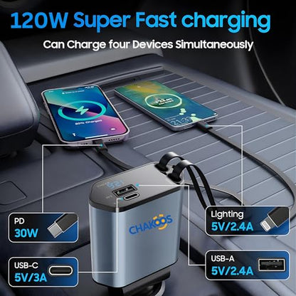 Retractable Car Charger, 4-in-1 Fast Charging USB C & USB A Port, 60W PD Car Phone Charger Adapter, Multi Cigarette Lighter Charger Cable for iPhone 17/14/13, Samsung Galaxy, Android Devices