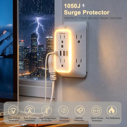 JcBlaon Surge Protector Outlet Extender, 6 Outlet Splitter and 4 USB Ports (PD 20W USB-C) with Night Light, 3 Sided Multi Plug Wall Adapter Power Strip for Home Travel Office-ETL - color: White-20W-1Pcs