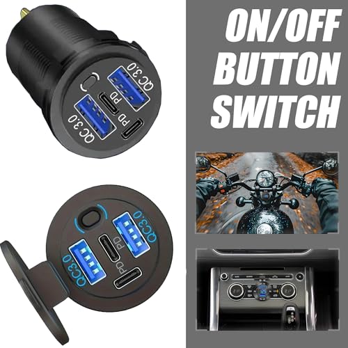 12V USB Charger with 4 Ports, Quick Charge 3.0 Ports 12V USB Outlet with Switch for Marine, Boat, Motorcycle, RV, Golf Cart (Pack of one)
