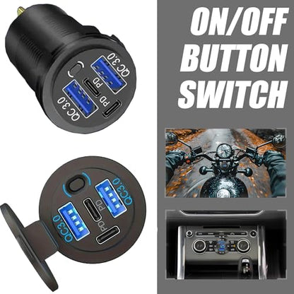 12V USB Charger with 4 Ports, Quick Charge 3.0 Ports 12V USB Outlet with Switch for Marine, Boat, Motorcycle, RV, Golf Cart (Pack of one)