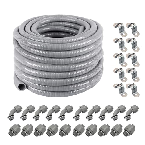 Z 1/2" Dia * 100 Feet Flexible PVC Liquid Tight Electrical Conduit Kit with 31 Pieces, 10 Straight Fittings, 10 Angled Elbows, 10 MET Straps - style: 1/2" 100ft