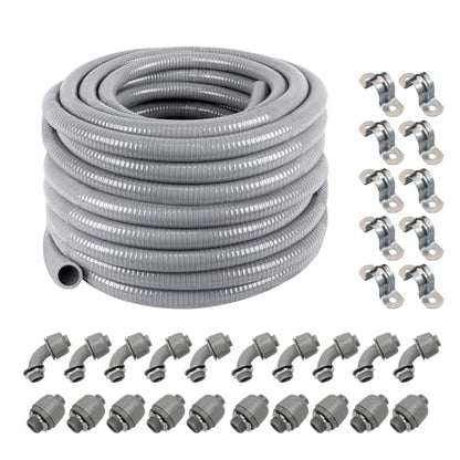 Z 1/2" Dia * 100 Feet Flexible PVC Liquid Tight Electrical Conduit Kit with 31 Pieces, 10 Straight Fittings, 10 Angled Elbows, 10 MET Straps - style: 1/2" 100ft