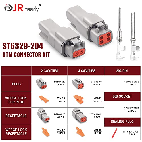 JRready ST6329-204 Deutsch DTM Connector Kit (2Pin 16Sets,4Pin 14Sets）Waterproof Deutsch DTM Connector with 20# Stamped Contacts 16-22 AWG Terminals Pins Seal Plugs DTM Connector(Gray) - size: DTM 2 4PIN(16/14SETS)