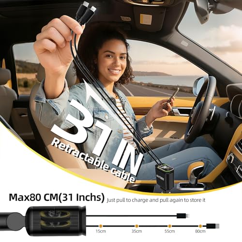 Retractable Car Charger with 31-Inch Cables 4 in 1 Fast Car Charger USB C Car Adapter with Starry Sky Light for iPhone 17 16 15 14 Car Accessories Gifts for Men Women Drivers (Black) - color: BLACK