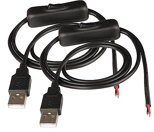 DC 2-pin USB Cable with ON/Off Switch USB 2.0 A Male Plug 2 Pin 2 Bare Wire Charge Cable Connector with Power Switch for 5V-12V PC/LED Desk Lamp/USB Fan/LED Strips[black-2Pcs/1M/3.3ft] - color: Black