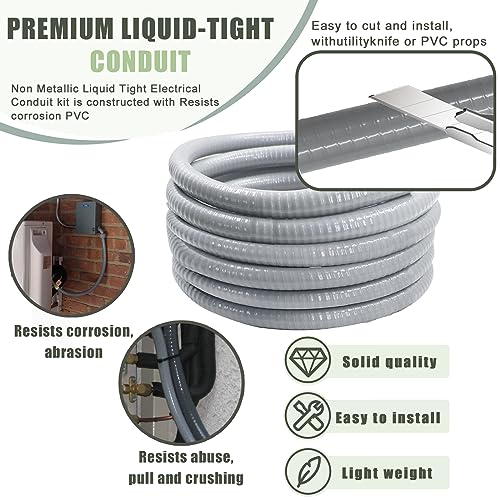 Liquid-Tight Conduit and Connector Kit - 1/2 Inch 25 FT Non Metallic Liquid Tight Electrical Conduit with 5 Straight and 5 Angle Fittings - size: 1/2inch 25 Ft