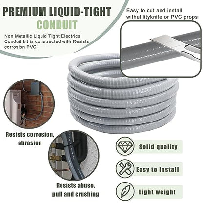 Liquid-Tight Conduit and Connector Kit - 1/2 Inch 25 FT Non Metallic Liquid Tight Electrical Conduit with 5 Straight and 5 Angle Fittings - size: 1/2inch 25 Ft