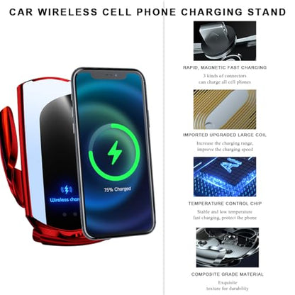 Wireless Car Charger, 15W Fast Charging Air Vent Mount Auto-Clamping Phone Holder, Automotive Electric Induction Charger 360° Rotating Magnetic Vent Mount Bracket for Smartphones (Red) - color: Red